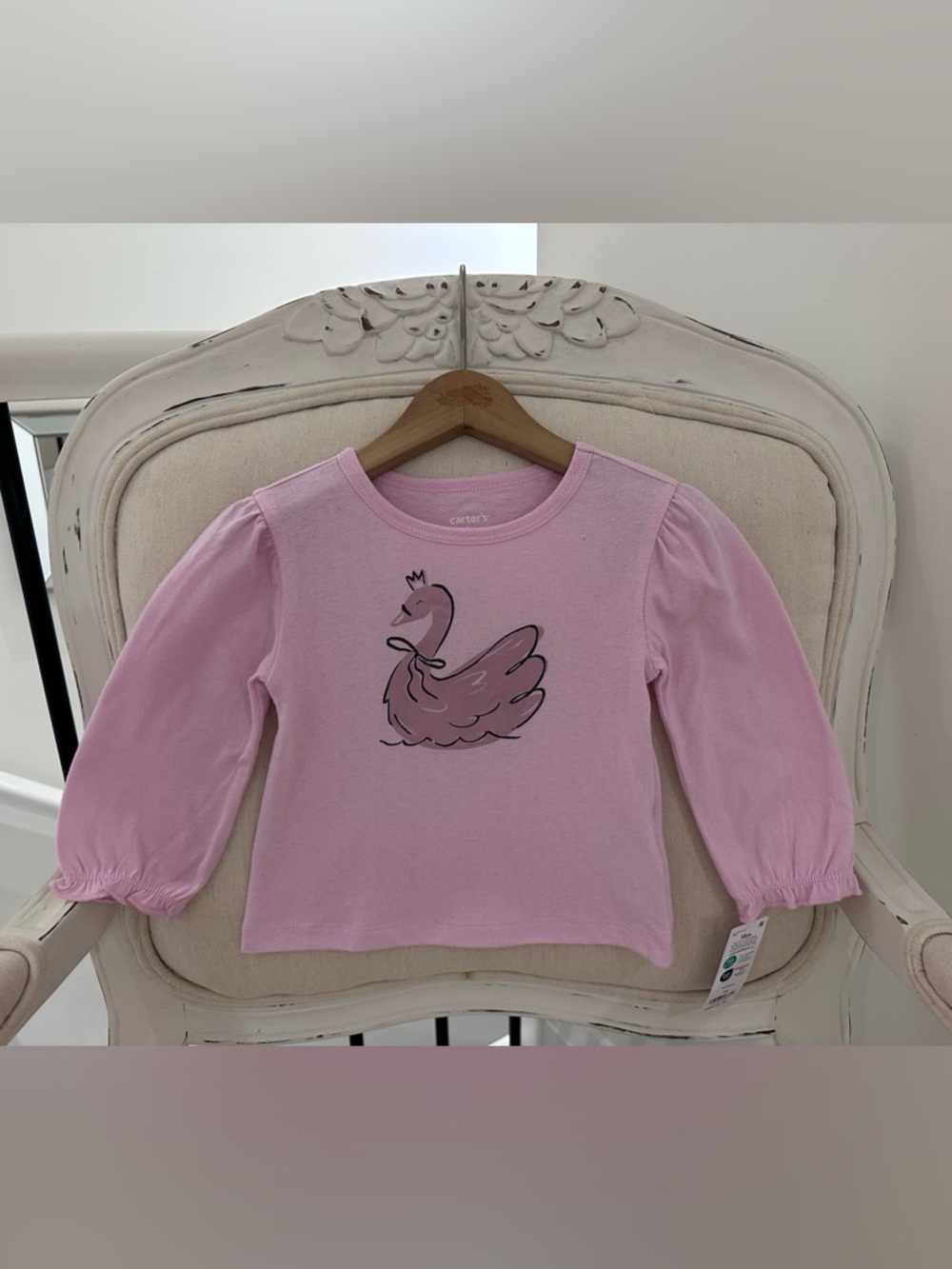 🦢 18 Mth Carter's Pink Swan Cotton Long-Sleeve Puff Sleeve Tee for Baby NWT